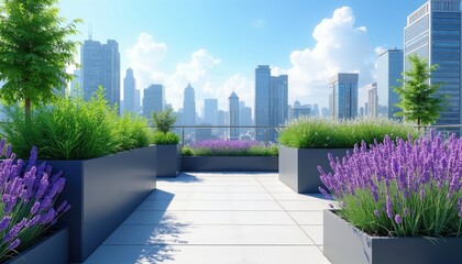 Obraz premium Urban rooftop garden with blooming lavender and green plants offers city skyline view. Modern planters on tiled terrace provide peaceful green space above skyscrapers. Bright sunny day with blue sky.