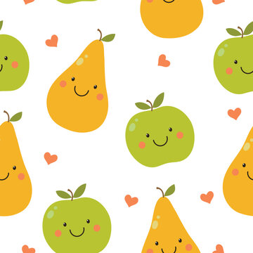 Cute smiling pears and apples on a white background. Vector illustration for nursery decor, greeting cards, wrapping paper, and textiles.