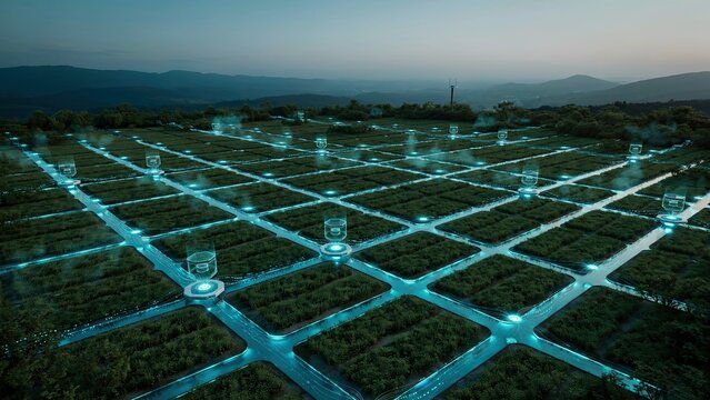 Grid layout of glowing blue light nodes illuminates an expansive agricultural field during the twilight evening hours.