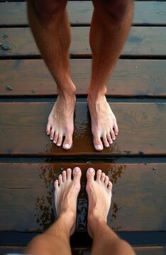 Bare feet stand on wet wooden boardwalk. Two persons legs, one lower than other, touch wet planks near water. Summer day relaxation at dock.