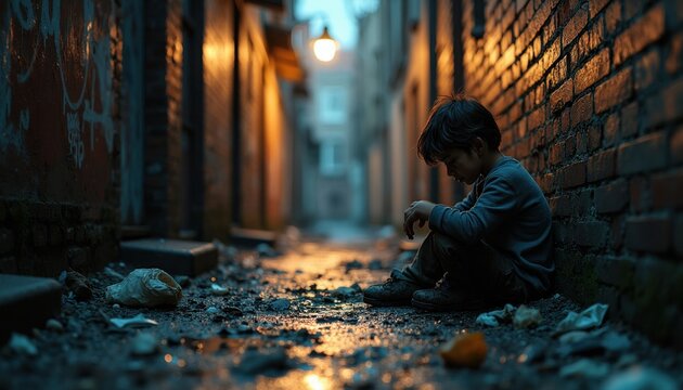 Sad child sits alone on grimy alley floor. Urban street dark, dirty with scattered trash. Soft light illuminates narrow passage. Child looks downcast, troubled. Homelessness issues clear. Social