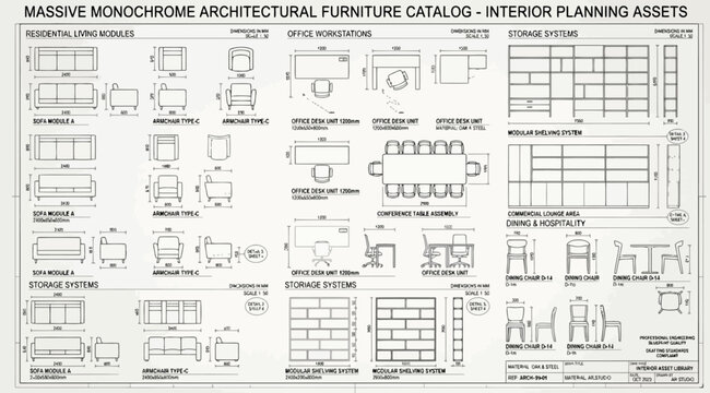 Massive monochrome architectural furniture catalog interior planning assets