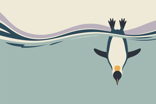 Flat vector illustration of a royal king penguin diving completely upside down under ocean water waves art, marine concept