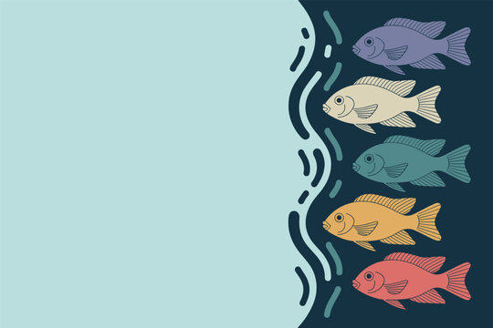 Flat vector illustration of five colorful cichlid fish swimming vertically by blue ocean water waves art, marine concept