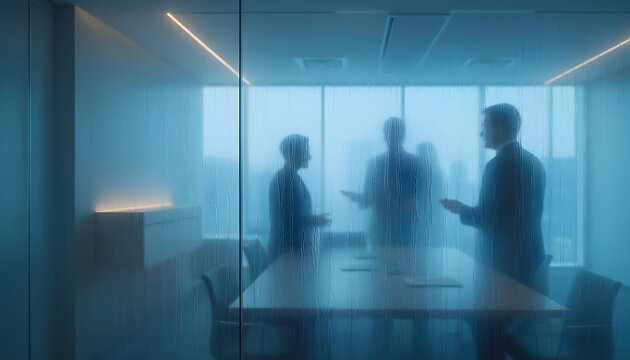 Silhouettes of business professionals standing in a meeting room behind a frosted glass wall, modern corporate concept of team briefing, collaboration, and office communication