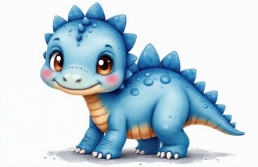 Fototapeta premium Cute blue watercolor baby dinosaur walks happily on white background. Small dino has big eyes, spikes on its back. Adorable creature for kids design.
