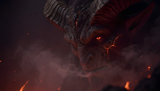 Extreme close up of a scary horned demon face with glowing red eyes and lava cracks on skin, dark fantasy illustration of a sinister mythological monster or underworld creature.