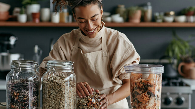 A young woman in a kitchen. she is wearing a beige apron and has curly hair tied up in a bun. she has a big smile on her face and is holding a jar of granola in her hands.