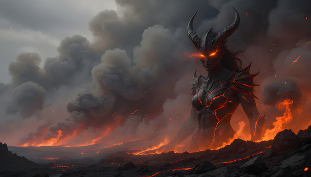 Powerful female demon with horns and glowing eyes rising from a volcanic landscape, dark fantasy illustration of a sinister queen or succubus monster amid fire and thick smoke.