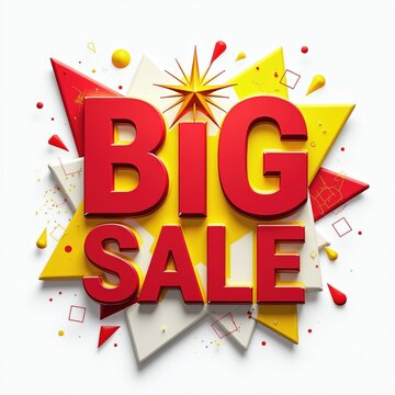 Big red sale graphic with bold letters announcing a special promotion. Bright yellow and white abstract shapes form background design. Festive confetti adds to event feel.