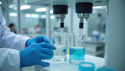 Fototapeta premium Lab tech in blue gloves tests drug tablet dissolution in beaker with liquid. Equipment measures sample dissolving, verifies batch quality and medicine release. Process ensures drug production safety.