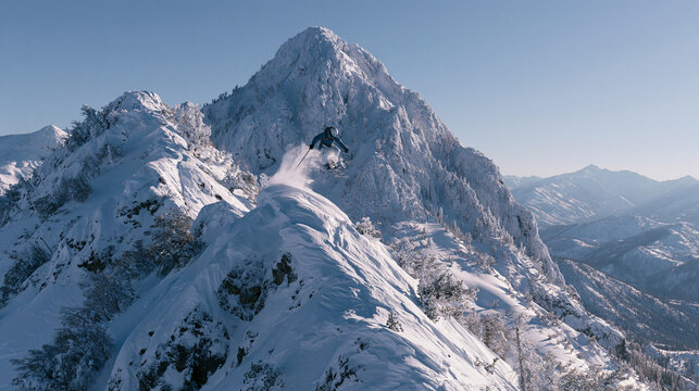 Person skiing down a snowy mountain peak. the mountain is covered in a thick layer of snow and there are patches of trees and shrubs scattered around.