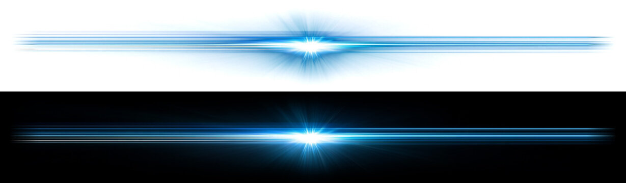 Lens flare high quality vibrant electric blue horizontal dual streaks glowing with a brilliant central starburst core centered perfectly across parallel tracks with transparent background.