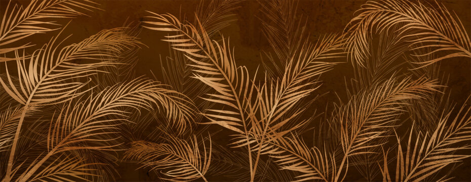 Premium background with hand-painted gold or copper palm leaves. Botanical banner for packaging, prints, textiles, wallpaper, and interior design.