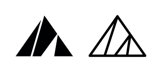 Abstract triangle icon set. Geometric tent or mountain symbol in solid and outline style. © liubomir118809