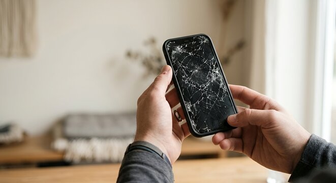 Man holding a smartphone with a severely cracked screen