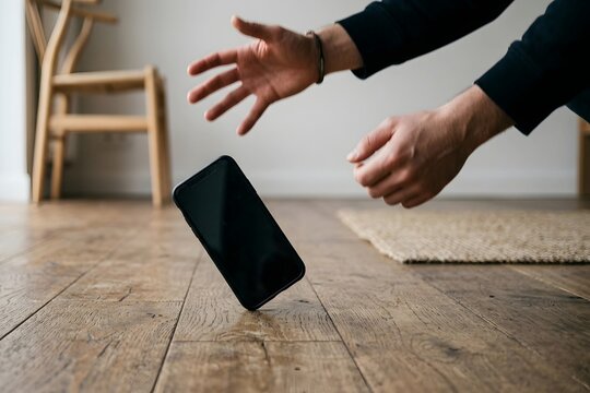 Smartphone falling on wooden floor