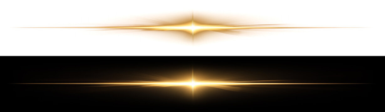 Lens flare high quality sleek golden horizontal dual lines accented by soft wide ambient volumetric shading expanding around a brilliant starburst center with transparent background.