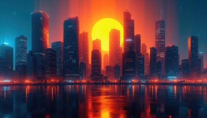 Fototapeta premium Skyscrapers form a vibrant city skyline reflecting in water at sunset. Tall buildings glow with light, against a fiery orange sky. Modern urban landscape art.