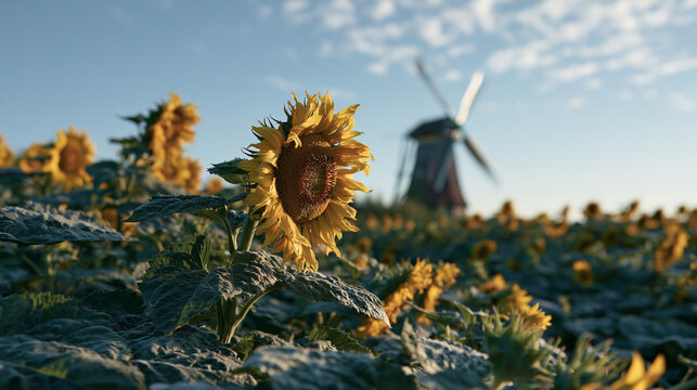 Landscape photograph of a sunflower field with a windmill in the background. the sunflower in the foreground is in the center of the image, with its bright yellow petals and dark brown center.