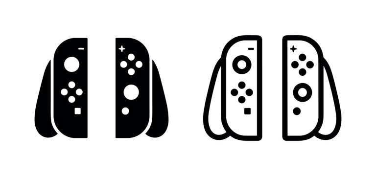 Two black and white icons of a portable gaming console, one solid and one outlined, on white.
