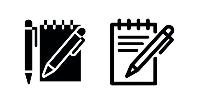 Note Pad and Pen Icon Set: Solid Black and Outline Vector Graphics
