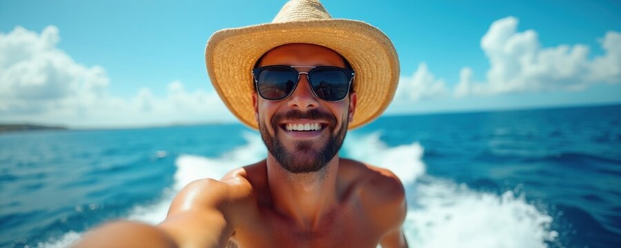 Man with straw hat and sunglasses takes selfie from moving boat. He smiles broadly in bright sun on blue ocean water. Summer vacation concept.