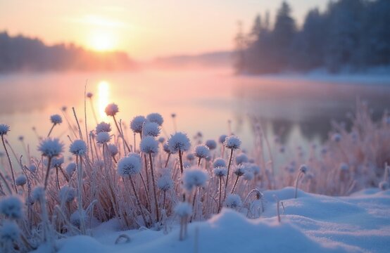 Frozen plant seed heads sit covered in frost by a misty river at sunrise. Snow blankets the field, with soft pink sky and distant trees creating peaceful winter scenery.
