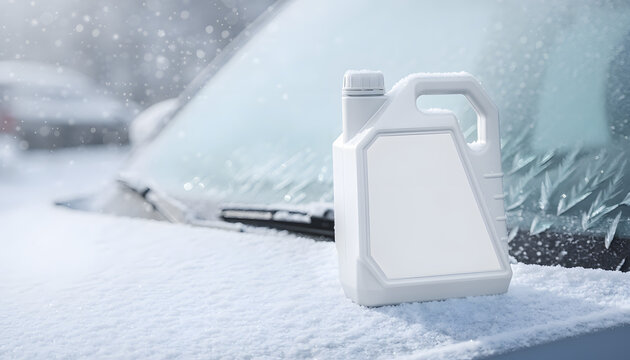Blank plastic canister of antifreeze fluid or motor oil on a snow-covered car hood in winter. Concept for vehicle cold weather maintenance, windshield deicer, and auto care.