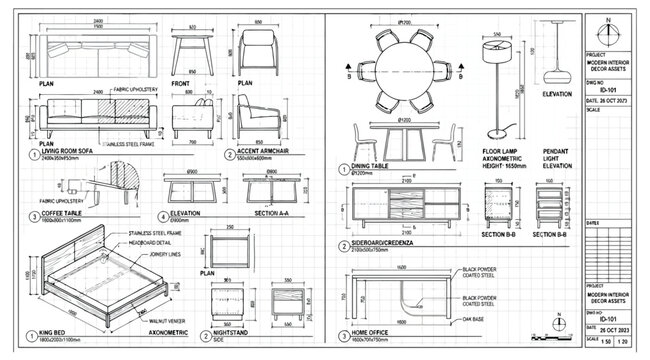 Technical furniture specification sheet with dimensions and elevations