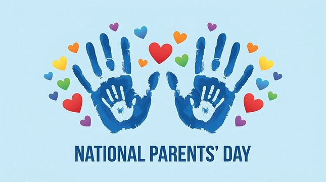 Happy National Parents Day Celebration with Blue Handprints and Colorful Hearts.