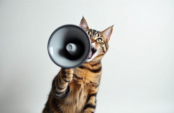 Tabby cat holds grey megaphone, yelling loudly with open mouth. Funny pet makes announcement or attention grabber on white background. Animal communication concept.