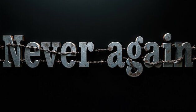Distressed metal words Never Again are wrapped with barbed wire on black background. Text symbolizes remembrance of past trauma and promotes future peace. Concept art for historical awareness.