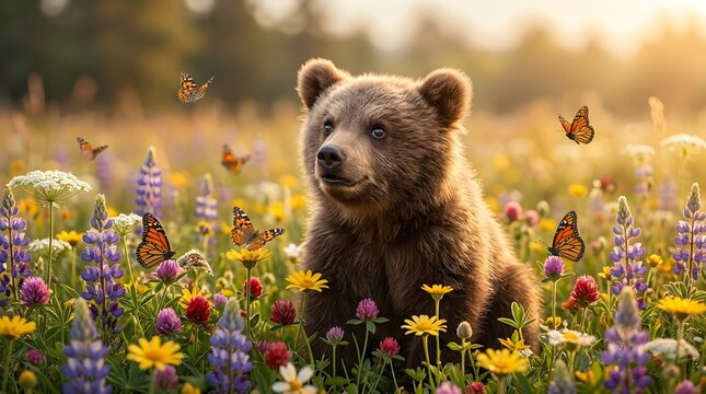 Adorable brown bear cub sitting in a vibrant field of colorful flowers with butterflies flying around it in a serene natural setting with warm sunlight.