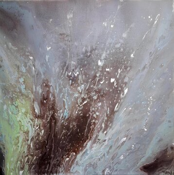 pintura abstrata original em estilo contempor&acirc;neo, composta por formas fluidas e textura expressiva em tons de azul, branco, marrom e verde suave, a composi&ccedil;&atilde;o transmite movimento e profundidade.