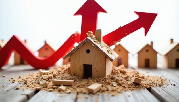 Red arrows pointing upwards crash into small wooden houses buried in sand and debris. Concept of housing market crash, economic recession and financial instability.