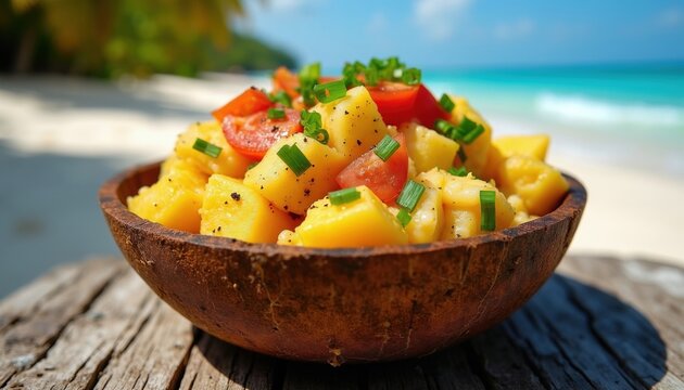 Close-up of ackee and saltfish dish served in coconut shell bowl on tropical beach. Meal includes yellow ackee chunks, red tomato pieces, green chives, and black pepper seasoning.