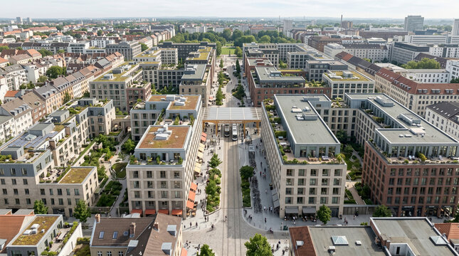 Aerial View Transit Oriented District With Walkable Mixed Use Blocks