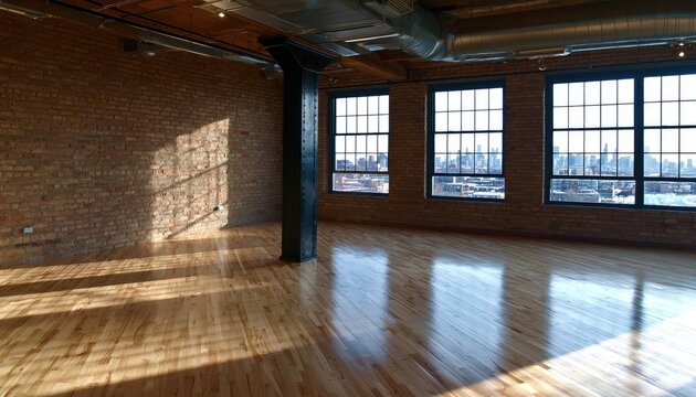 Sunlit loft space with exposed brick walls, wood floors, and city views
