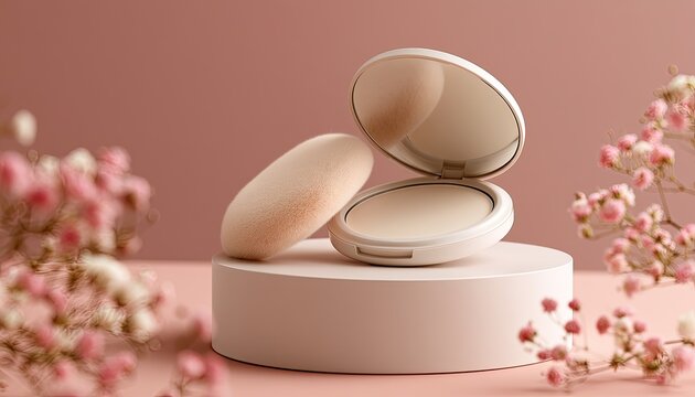 Compact makeup with applicator on display pedestal, delicate pink blossoms framing