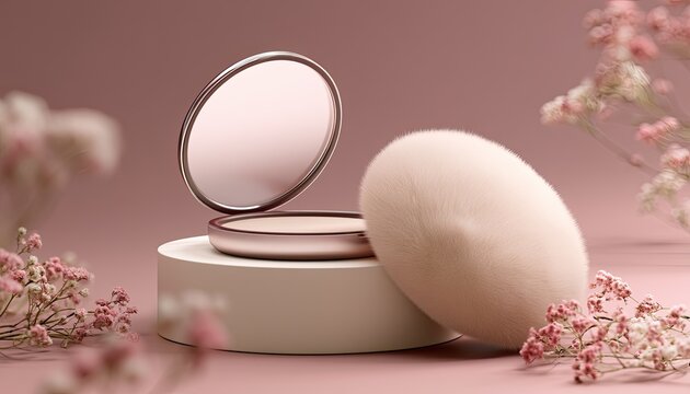 Delicate cosmetic compact and fluffy applicator amidst soft pink floral accents