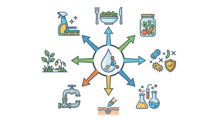 Fototapeta premium Water utility infographic diagram featuring diverse applications and benefits of pure water resource management in a clean minimalist vector illustration style