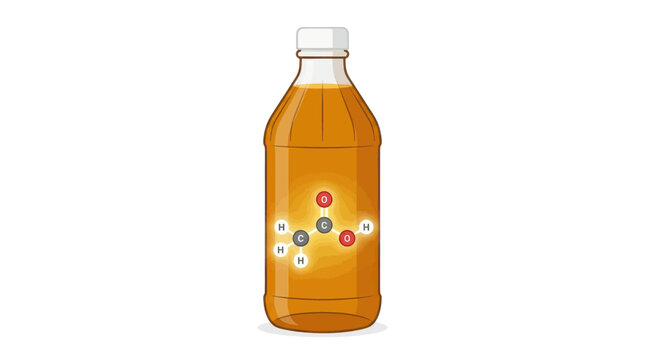 Acetic acid chemical formula superimposed over a plastic bottle of apple cider vinegar representing scientific composition and organic healthy food ingredients