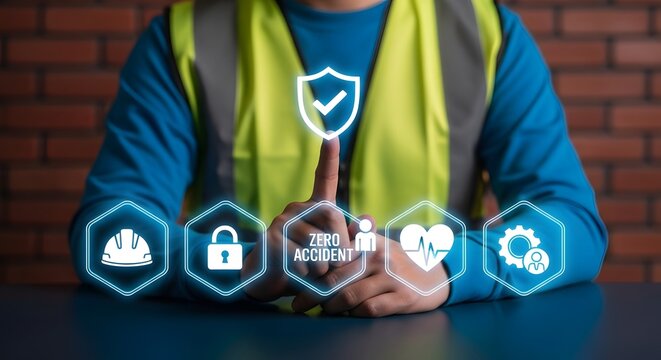 Worker touching virtual interface with zero accident and industrial safety icons occupational health and safety concept