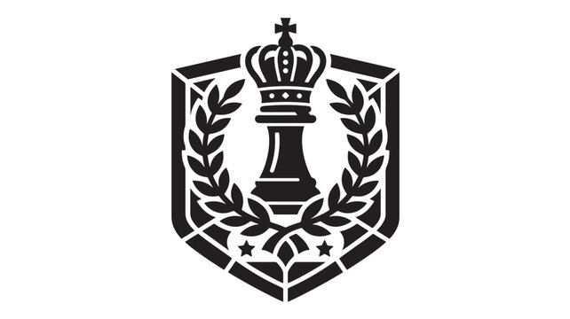 Chess king logo crest with laurel wreath in black and white minimalist design for sports branding