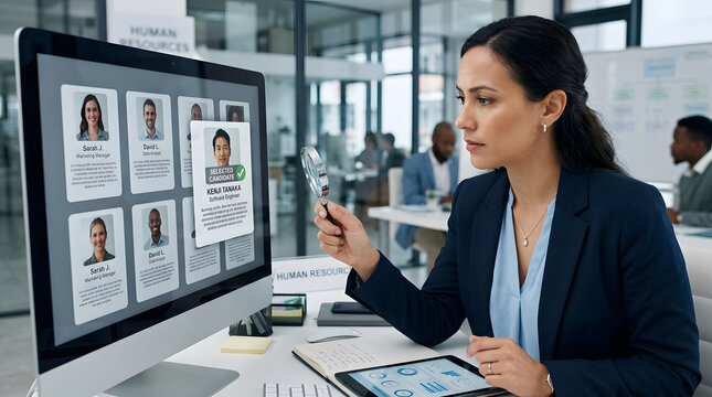 Recruiter hiring candidate resume human resource interview selection office computer magnifying glass, professional recruiter reviewing candidate resume computer screen with magnifying glass