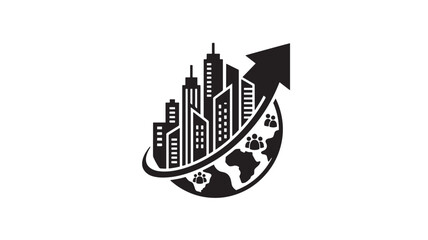 Fototapeta premium Monochrome cityscape with upward arrow on globe for business growth