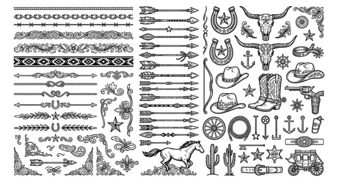 vintage western decorative in engraving style