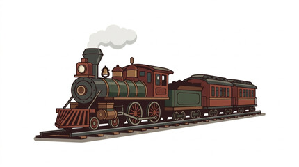 Vintage steam locomotive pulling passenger cars on railway tracks. © Falik