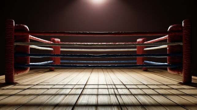 Empty boxing ring with wooden floor, red and blue ropes, spotlight